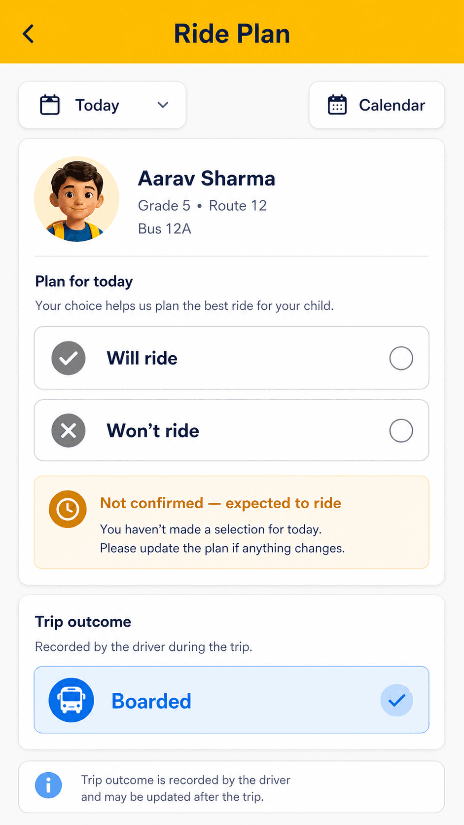 Yaato Android pilot Ride Plan screen